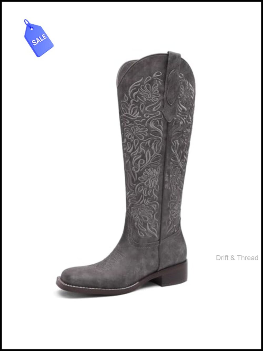 Knee High Embroidered Cowboy Boots Low Block Heel Pull On Western Square Toe